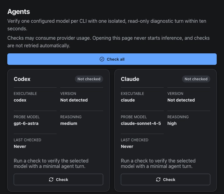 Agents page showing configured CLI identities and not-checked diagnostic status